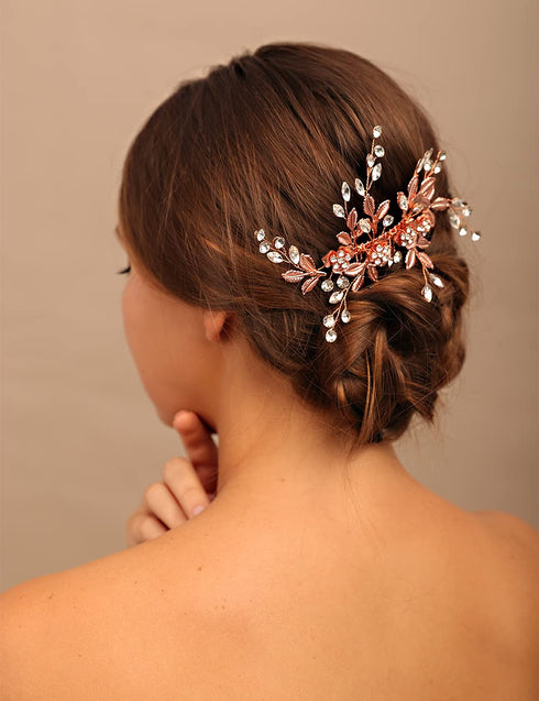 YERTTER Vintage Rhinestones Bride Wedding Hair Accessories - Rose Gold Crystal Floral Leaves Bridal Hair Comb