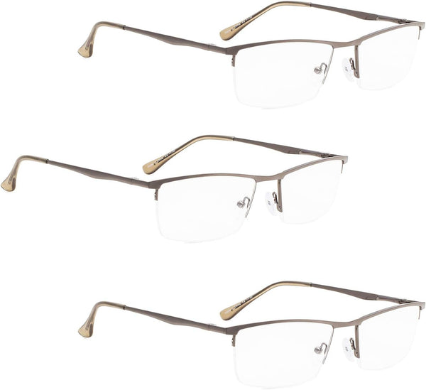 LUR READING GLASSES 3 Pack Half-Rim Metal Readers (Gunmetal)