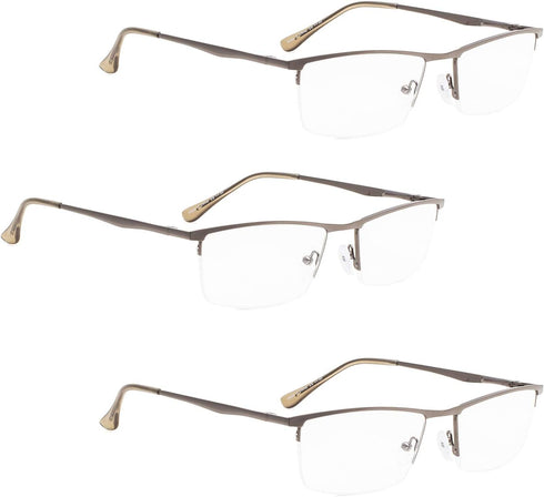 LUR READING GLASSES Half-Rim Metal Readers, 3 Pack (Gunmetal)