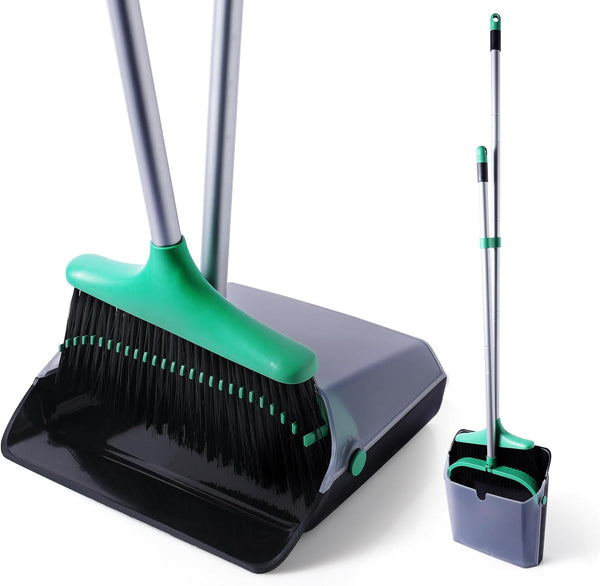 Eyliden Broom and Dustpan Combo Set, Stand Up Dustpan with Long Handle for Home Office Kitchen Lobby, Black & Green