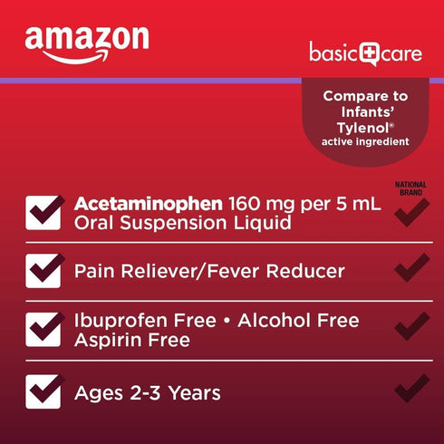 Amazon Basic Care Infants' Pain & Fever, Acetaminophen 160 mg per 5 mL, Dye-Free Grape Flavor, 2 fl oz (Pack of 1)