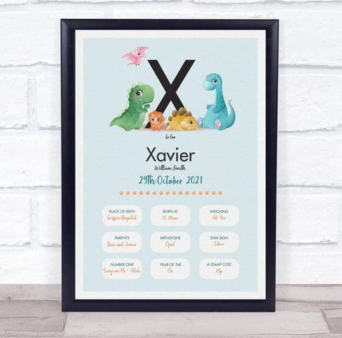 The Card Zoo New Baby Birth Details Christening Nursery Dinosaur Initial X Gift Print