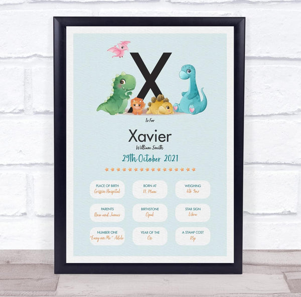 The Card Zoo New Baby Birth Details Christening Nursery Dinosaur Initial X Gift Print