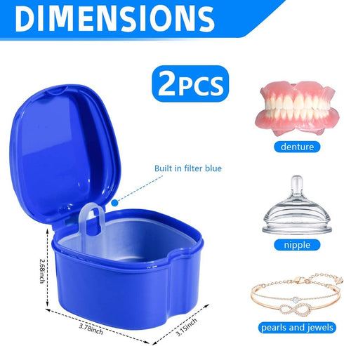 2 Pack Denture Bath Case Cup Holder with Strainer Basket for Travel Cleaning (Light Blue and Blue)