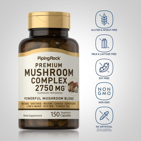 Piping Rock Mushroom Complex Capsules 2750mg - 150 Pills 8 Mushroom Extract Blend Herbal Supplement