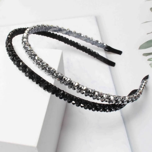 Fashion Super Shiny Women Two Rows Black Crystal Beads Headband, Rhinestone Beaded Hair Accessories