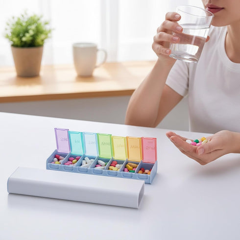 Qinpufu 7-Day Daily Pill Organizer, Weekly Travel Medicine Box Case with Flip-Top Lids, BPA-Free Pill Box for Vitamins