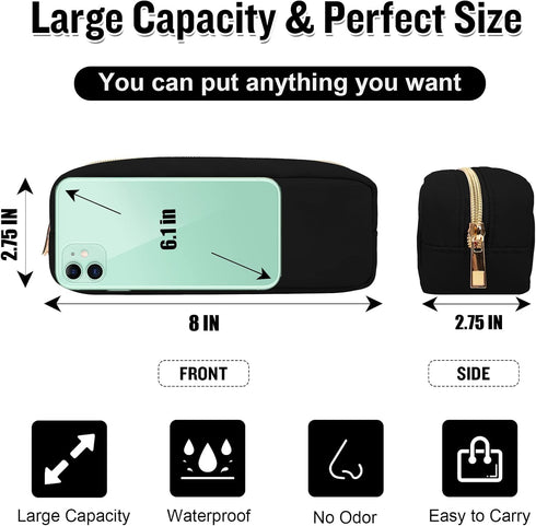 Nylon Small Makeup Bag Slim Pouch, Preppy Cute Makeup Brush Bag Black Makeup Bag Cosmetic Zipper Pouch for Purse, Waterproof Travel Toiletry Bag Coin Pouch Makeup Organizer for Women Girls(Black)