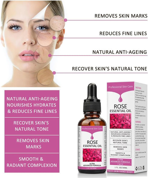 Rose Essential Oil, Face Moisturizer Oil for Women, Skin Care, 1 FL.OZ (30ml)