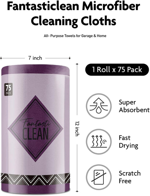 Microfiber Cleaning Cloth Roll, 75 Pack, Tear Away Towels, 12" x 12", Reusable Washable Rags in Dark Purple