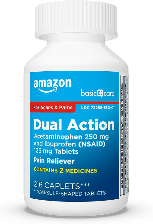 Amazon Basic Care Dual Action Acetaminophen 250 mg and Ibuprofen (NSAID) 125 mg Tablets, Pain Reliever for Headache,