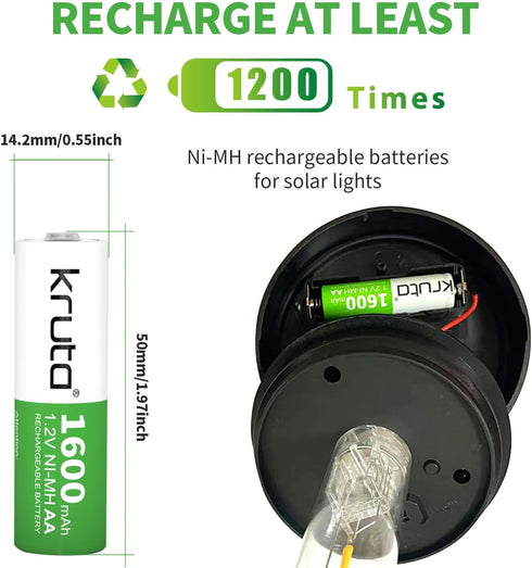 Kruta Rechargeable AA Batteries 12-Pack, 1600mAh 1.2V NiMH High Capacity for Outdoor Solar Lights