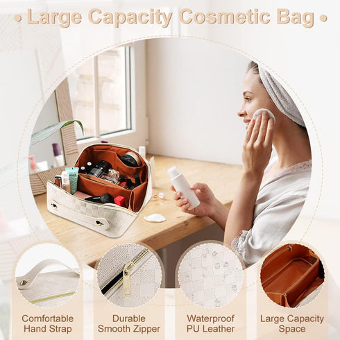 Large Capacity Travel Cosmetic Bag, Plaid Checkered Makeup Bag, Portable Leather Waterproof Skincare Bag