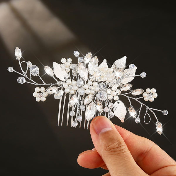 JEAIRTS Crystal Hair Comb, Silver Bridal Pearl Headpiece Wedding Hair Accessories for Women