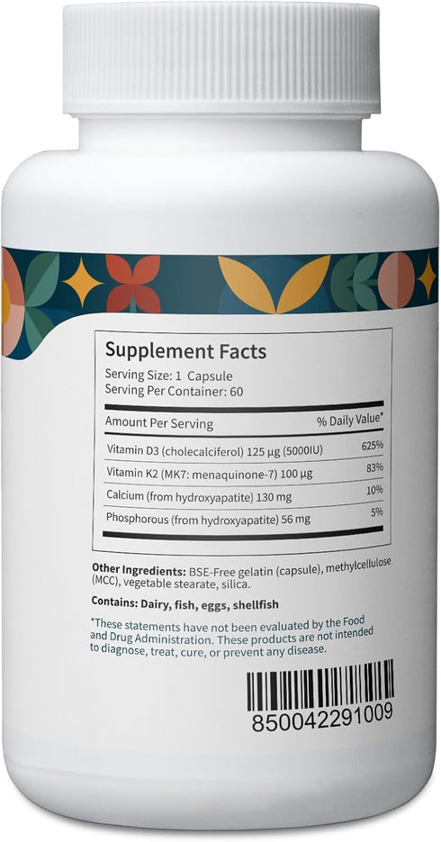 Pattern Wellness Vitamin K2 & D3 Supplement with Calcium - Pure Synergistic Complex for Whole Body Health, Bone &