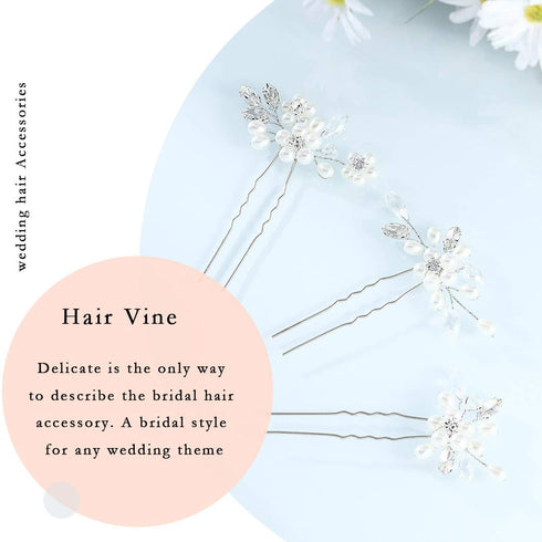Unicra Silver Bride Wedding Hair Pins, Pearl Bridal Hair Pieces with Rhinestone Prom Hair Clips (Pack of 3)
