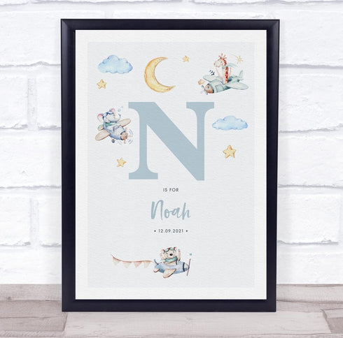 The Card Zoo New Baby Birth Details Nursery Christening Blue Planes Initial N Gift Print