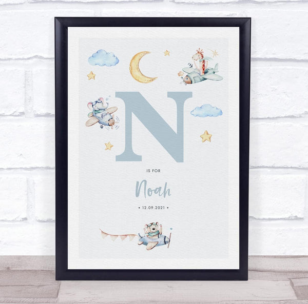 The Card Zoo New Baby Birth Details Nursery Christening Blue Planes Initial N Gift Print