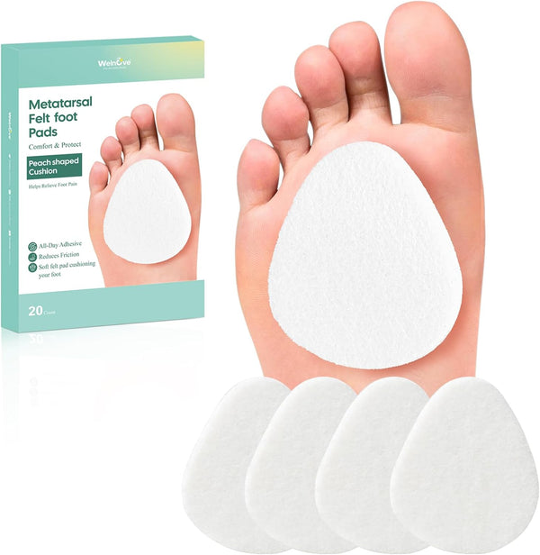 Welnove Metatarsal Foot Pads for Pain Relief - 20 Pieces Ball of Foot Cushion for Men & Women, 1/4" Thick Adhesive Foam