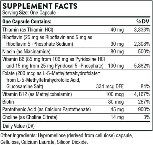 THORNE B-Complex #6 - Vitamin B Complex with Active Forms of Essential B Vitamins, Extra B6, 60 Capsules