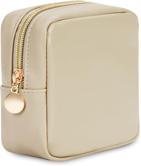 Small Makeup Bag for Purse, Mini Cosmetic Pouch for Women with Slip-in Pockets, Eco Vegan Leather, Beige