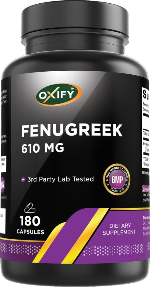 Oxify Fenugreek 610 mg | 180 Capsules | Gluten-Free, Non-GMO | Supplement Made