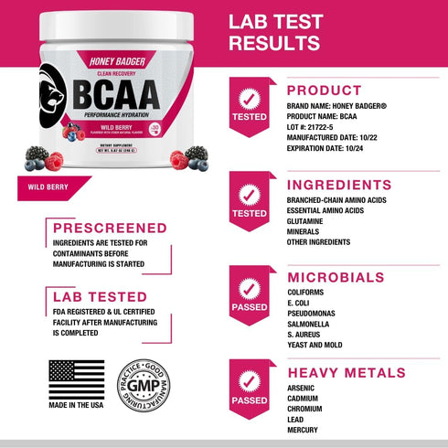 Honey Badger BCAA + EAA Amino Acids Electrolytes Powder, Wild Berry, 30 Servings for Men & Women