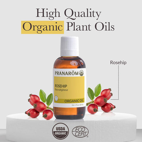 Pranarom USDA Certified Organic Cold-Pressed Rosehip Virgin Plant Oil - 2 fl oz Glass Bottle for Anti-Aging, Acne Scar,