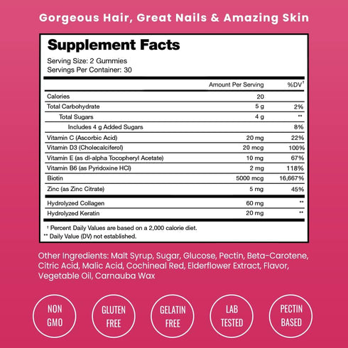 Hair Skin & Nails Gummies, Biotin with Collagen & Keratin, 5000mcg Biotin Beauty Complex, 120 Count