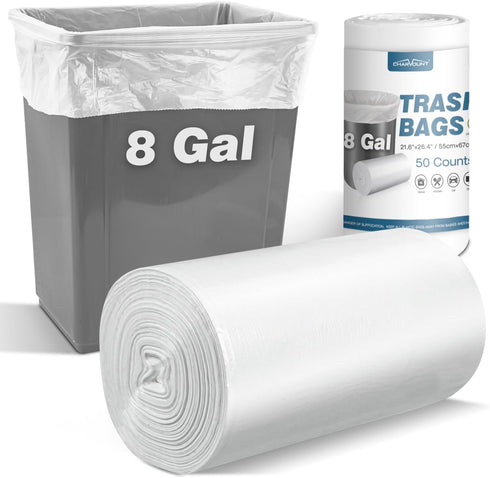 Charmount 8 Gallon Trash Bags, 50 Count, Medium Garbage Bags for Bathroom, Kitchen, Office, Clear