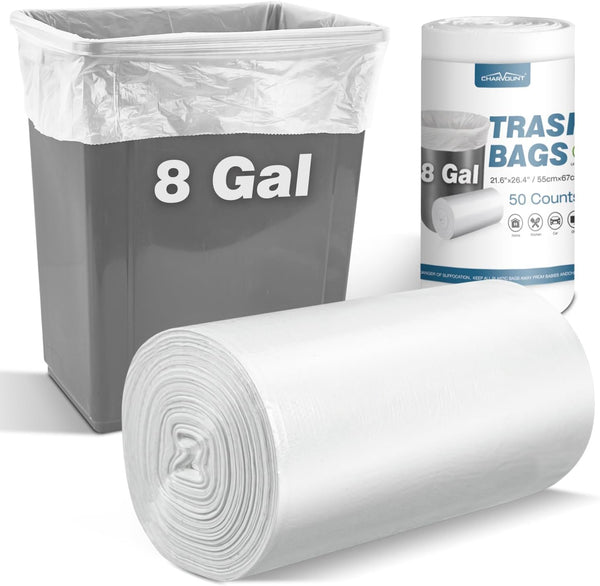 Charmount 8 Gallon Trash Bags, 50 Count, Medium Garbage Bags for Bathroom, Kitchen, Office, Clear
