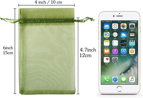 HRX Package 100pcs Olive Green Organza Drawstring Bags - 4 x 6 inch Candy Mesh Gift Bags Jewelry Pouches