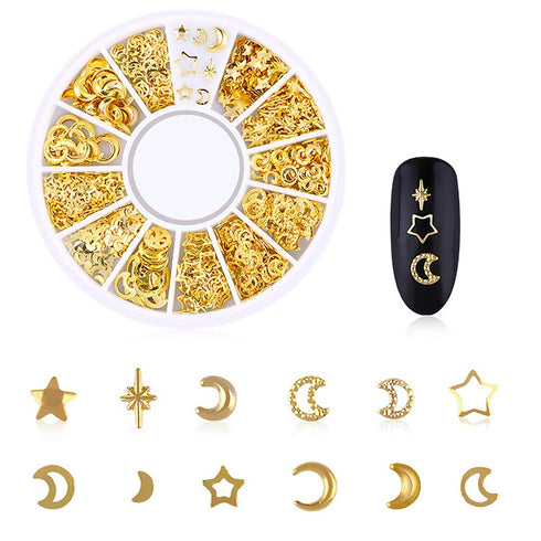 WOKOTO 6 Boxes Gold Nail Charms Studs, 3D Nail Art Jewelry Decoration Kit with Tweezers and Picker Pencil