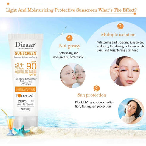 SPF 90 Sunscreen Instant Protection UVA UVB Foundation PA+++ Oil Free Sunblock, 40g