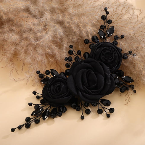 Kercisbeauty Soft Chiffon Black Rose Flower Headband, Handmade Rhinestones Hair Jewelry for Women