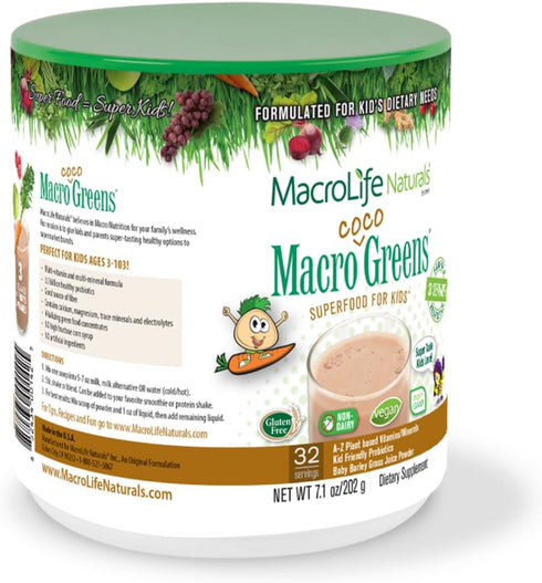 MacroLife Naturals MacroCoco Greens Chocolate Superfood Powder for Kids, 7oz (32 Servings)