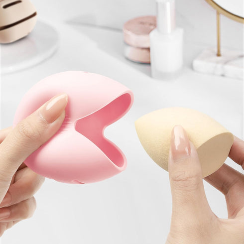 2 x Portable Cosmetic Bag with Adhesive Tape, Silicone Makeup Brush Holder & Sponge Holder, Light Pink
