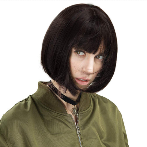 REECHO 11" Short Bob Wig with Bangs, Synthetic Hair for Women, Color: Black Brown