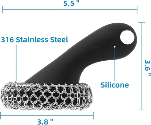 SUBEKYU Cast Iron Scrubber with Silicone Handle - Stainless Steel Chainmail Cleaner for Cast Iron Pans, Black