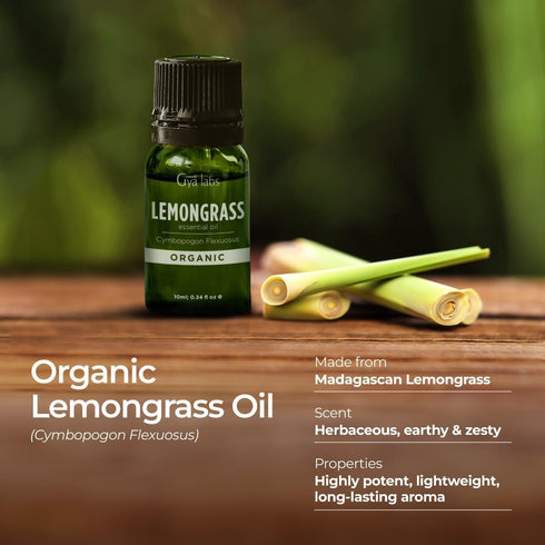 Gya Labs Organic Lemongrass Essential Oil - 100% Pure Natural Oil for Skin, Hair, Aromatherapy Diffuser (0.34 Fl Oz)