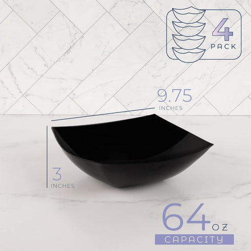 PLASTICPRO Disposable Square Serving Bowls, Black Plastic Snack or Salad Bowl Pack of 4, 64 OUNCE