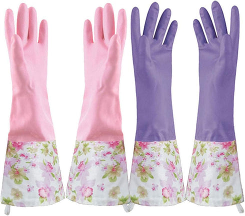 KINGFINGER 2 Pairs Reusable Dishwashing Gloves, PVC Waterproof Long Cuff Household Cleaning Gloves, Large