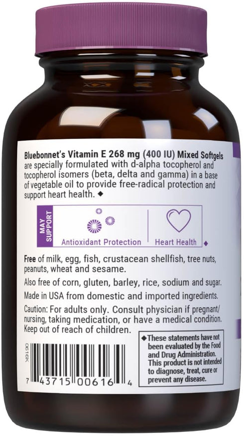 Bluebonnet Nutrition Vitamin E 400 IU (268 mg) - 50 Softgels, Mixed Tocopherols, Free Radical Protection &