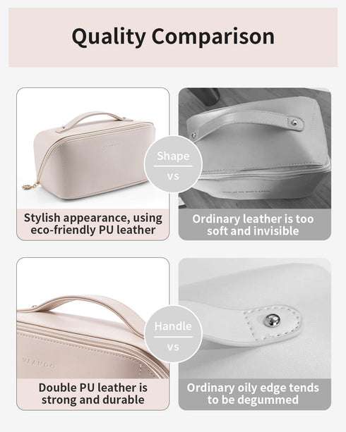 Vlando Travel Makeup Bag - Waterproof Portable Toiletry Bag with Divider and Handle for Travel Essentials (Pink)