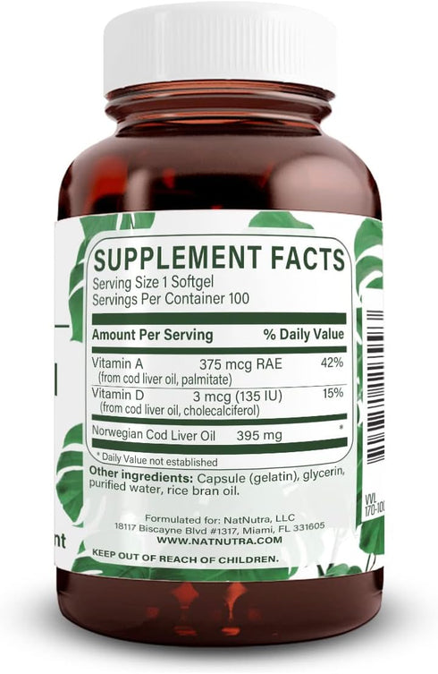 Natural Nutra Norwegian Cod Liver Oil Supplement, 100 Softgels, Supports Skin, Body Density, Eye Health &