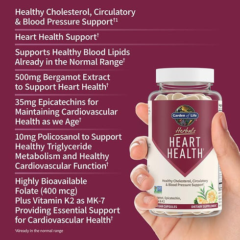 Garden of Life Herbals Heart Health Supplement with Folate, Bergamot, Green Tea & Vitamin E & K (30 Servings)