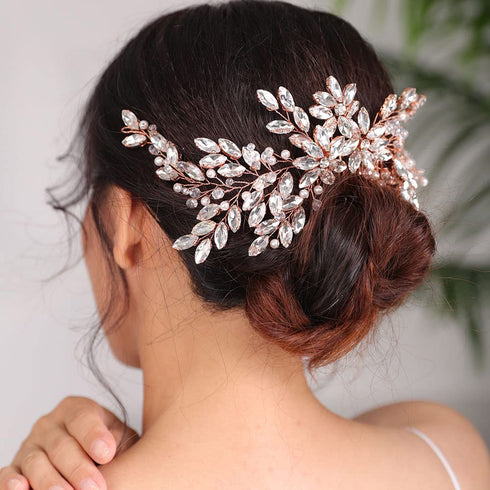 Wedding Rose Gold Rhinestone Crystal Flower Hair Comb, Bridal Headpiece for Women and Girls