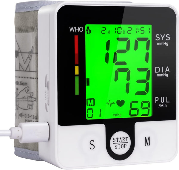 Talking Digital Wrist Blood Pressure Monitor, Automatic Machine with Rechargeable Cuff for Home Use, Large LCD Display