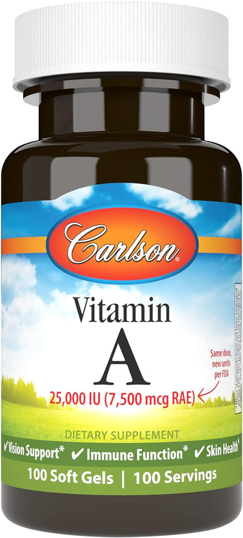 Carlson Vitamin A, 25000 IU (7500 mcg RAE) | 100 Softgels | Vision & Skin Health, Immune Function