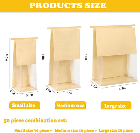 THEIFOXONE 50Pcs 3 Packaging, Packaging Bakery Bags with Window - size combinations Clear Bread Bags for Homemade